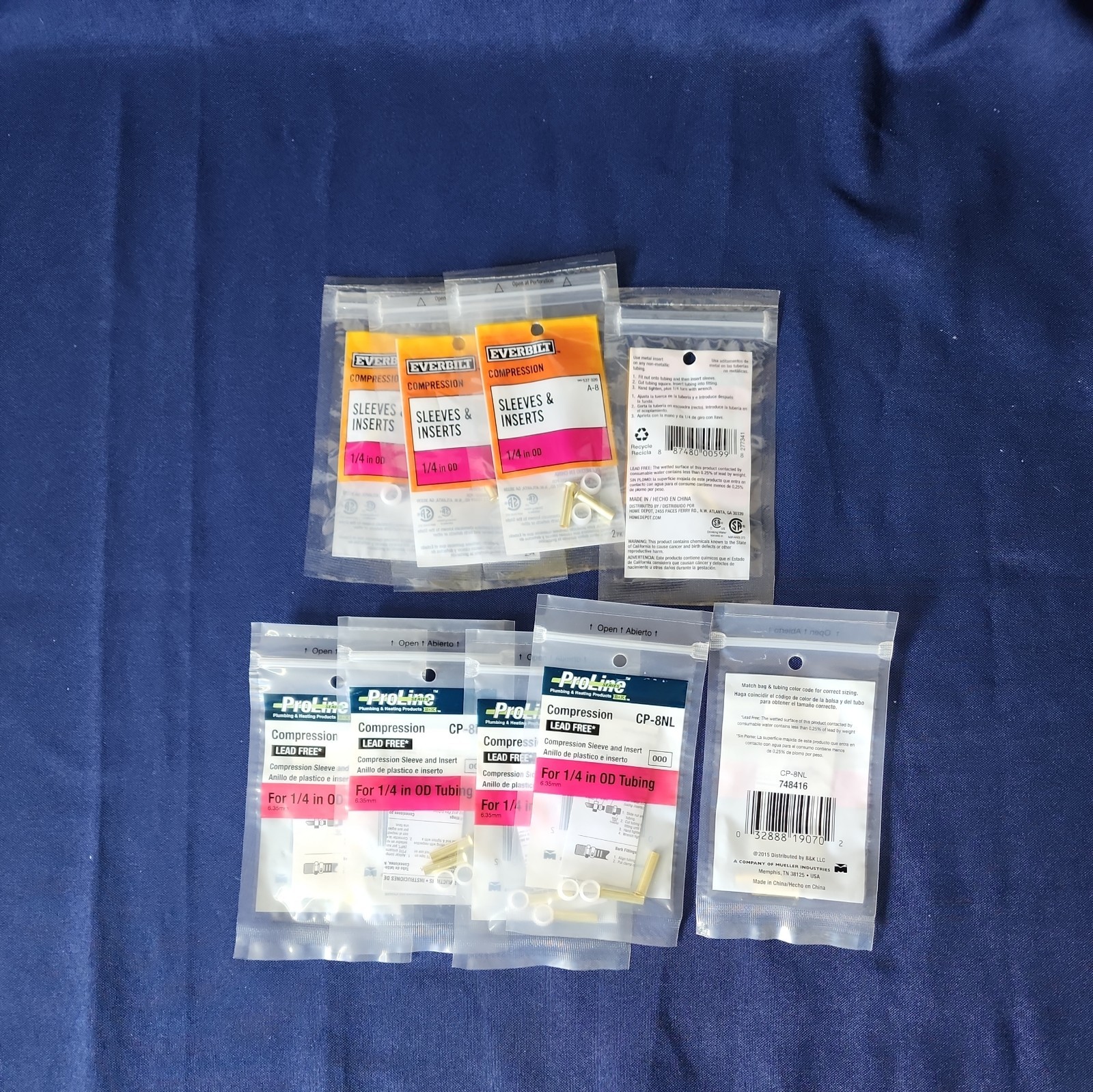 Lot of 9 Everbilt A8 1/4 & Proline CP-8NL 1/4 Brass Sleeve & Insert Fittings