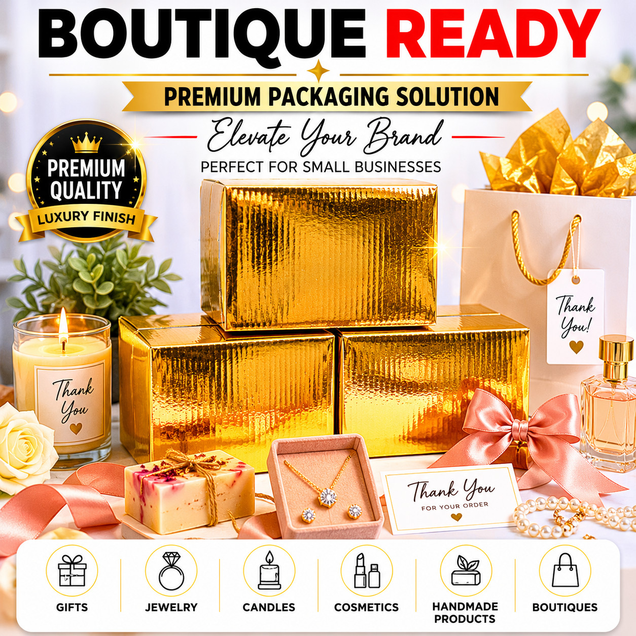 6x6x4 Metallic Gold Shipping Boxes 32 ECT B Flute Gift Mailer Boxes