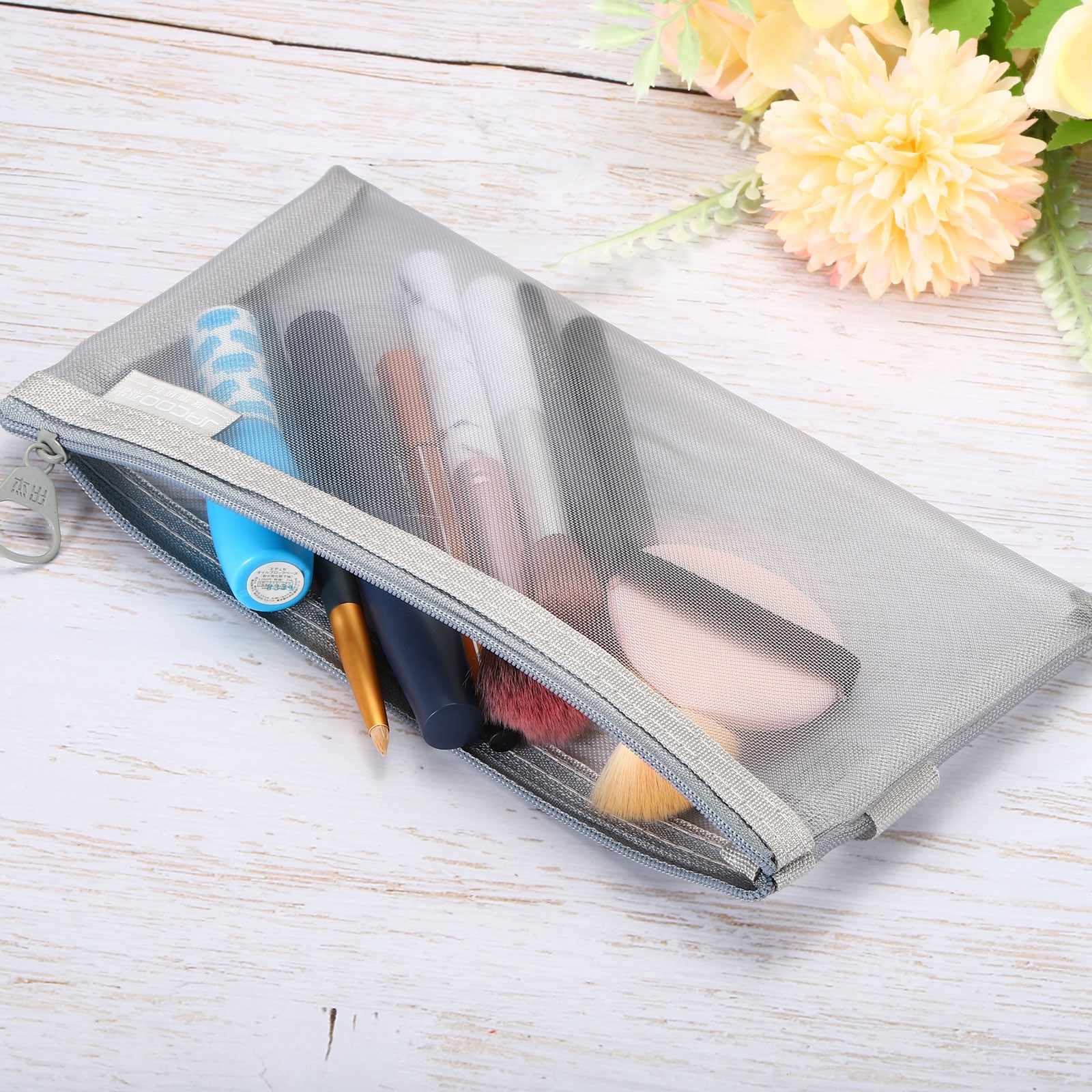 3pcs Mesh Cosmetic Bags, A6 case Nylon Makeup Zipper Mesh Bag, Gray