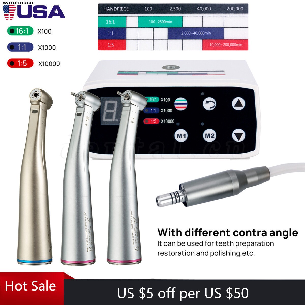 NSK Style Dental Brushless LED Electric Micro Motor 1:1/1:5 Handpiece E-type USA