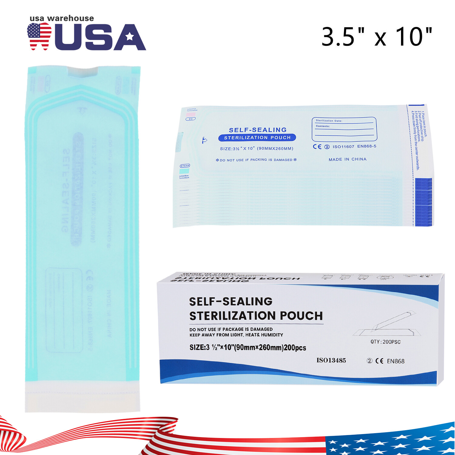 200 3.5″ x 10″ Self-ing Sterilization Pouches for Autoclave SA