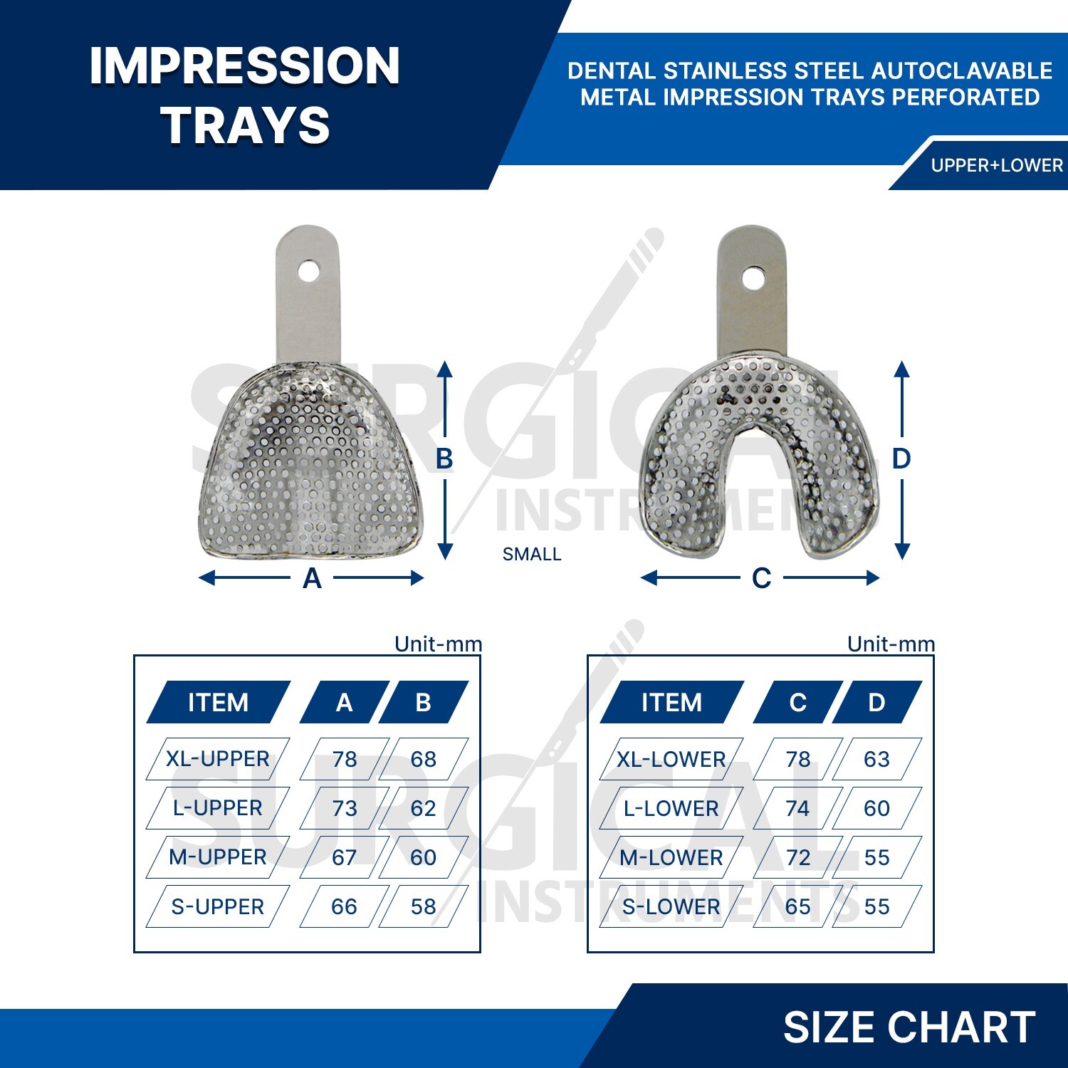 6 Metal Dental Impression Trays set Perforated Upper & Lower Denture Edentulous