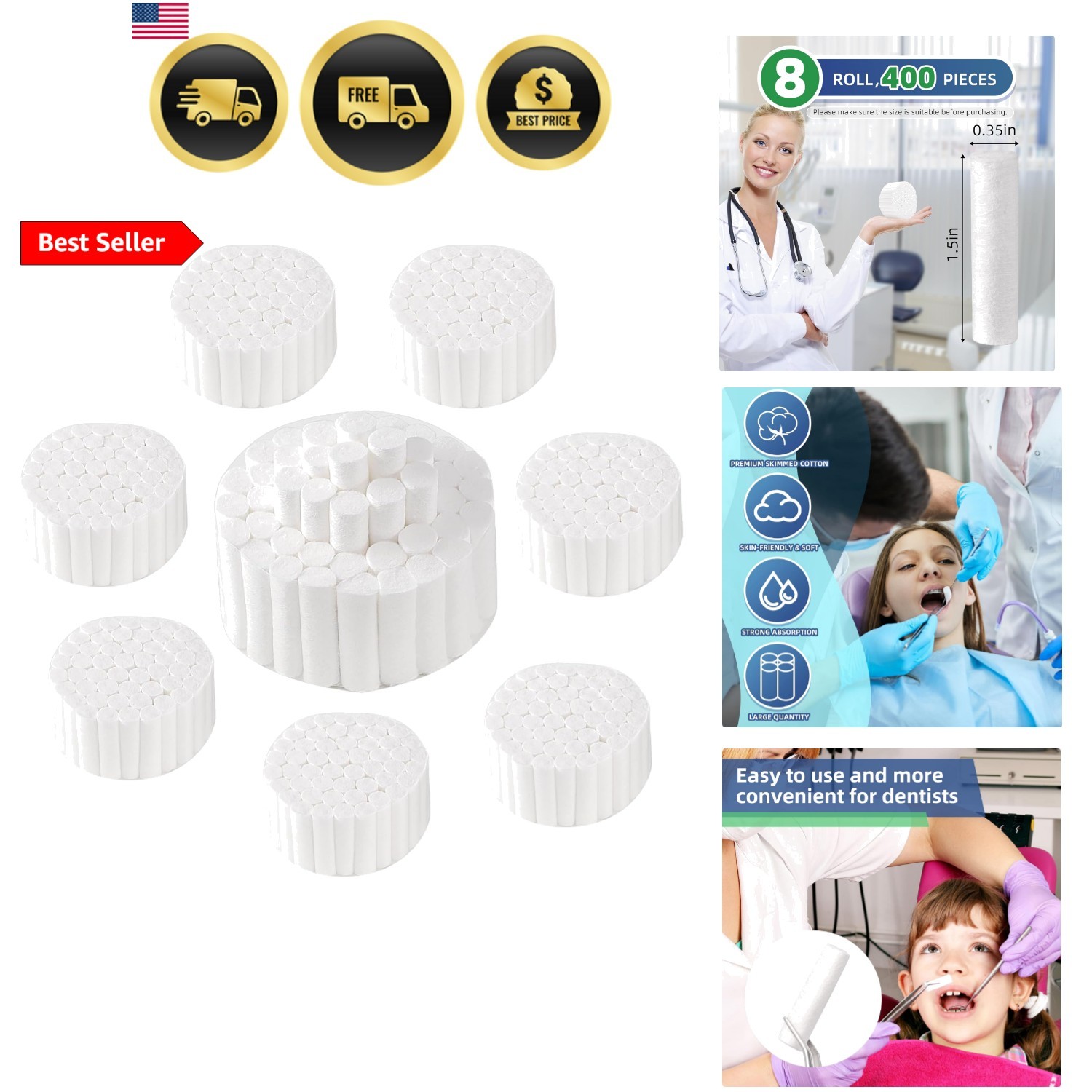 400 PCS Dental Gauze Rolls Cottons Pads, Nosebleed Kit Accessories Medium 1.5…