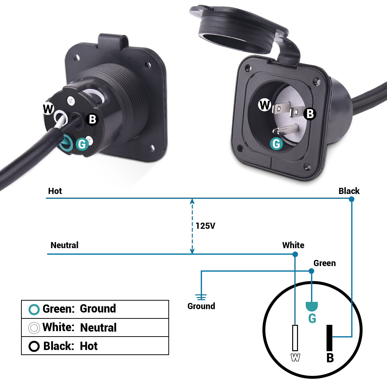 15A 125V AC Port Plug 14AWG Flanged Power Inlet Plug 18″ Extension Cord Boat RV