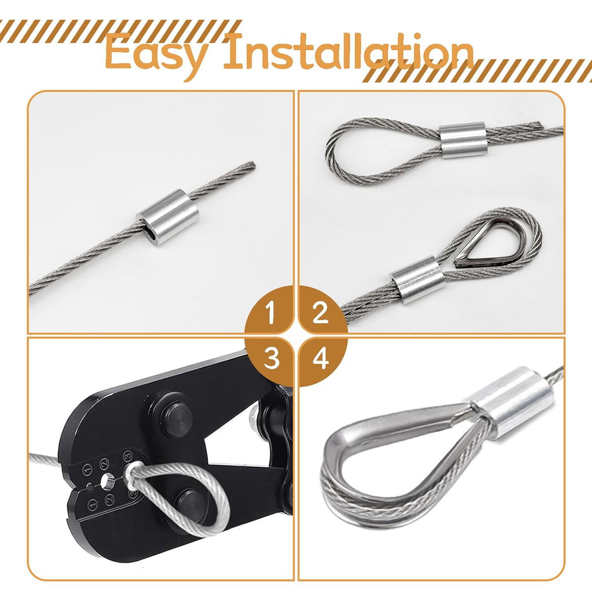 340Pcs Stainless Steel Wire Rope Cable Thimbles Aluminum Crimping Loop M2-M5 Kit