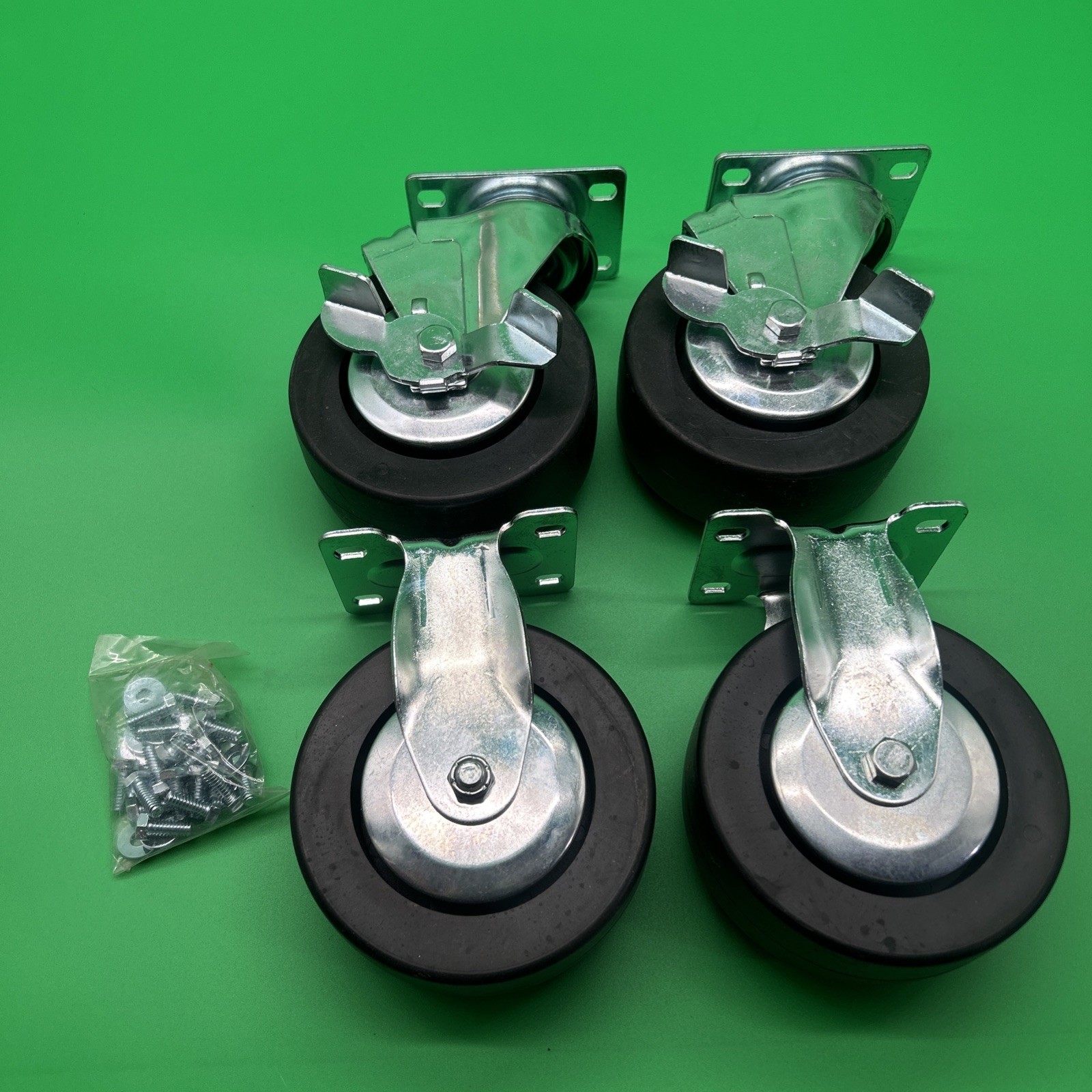 NEW Black Rubber and Steel Swivel 4-PCS & HARDWARE! Caster Kit 5” Wheel 4*3 Base