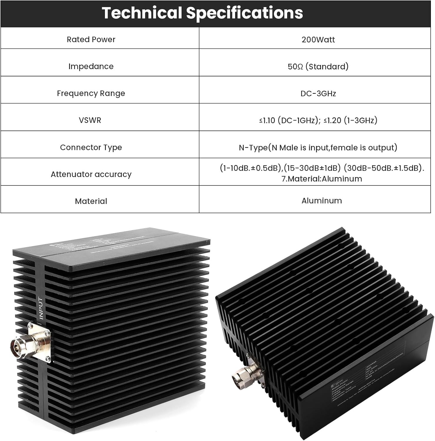 200W N-Type 60dB Attenuator DC to 3GHz 50 Ohms, Precision Adjustable Signal Loss